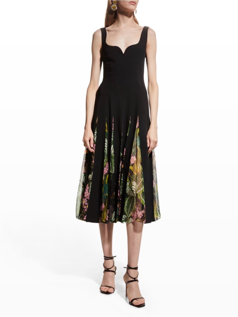 Oscar de la Renta Black Midi Dress with Floral Panels